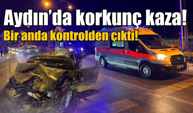 Aydın’da kontrolden çıkan otomobil ağaca saplandı