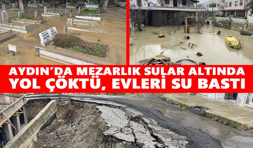 Aydın’da mezarlık sular altında, yol çöktü, evleri su bastı