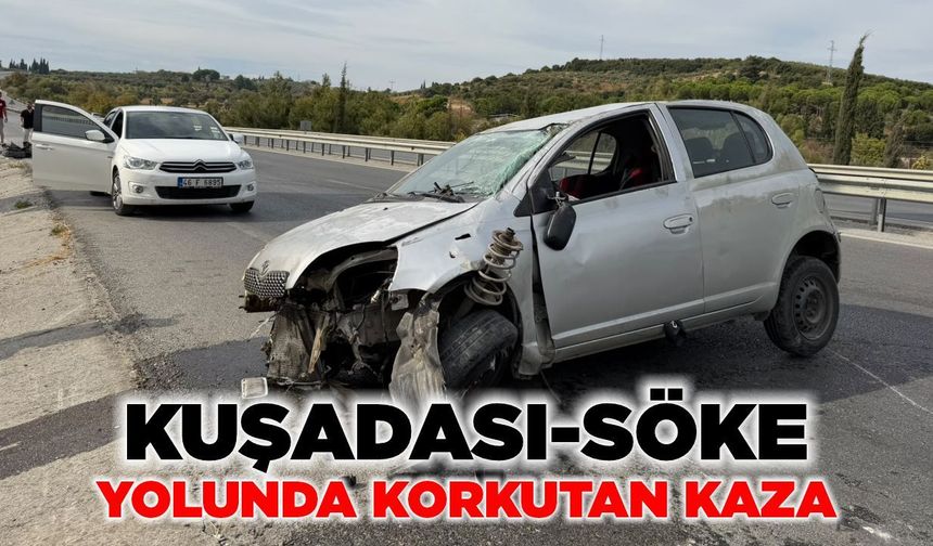 Söke'de otomobil istinat duvarına çarpıp devrildi