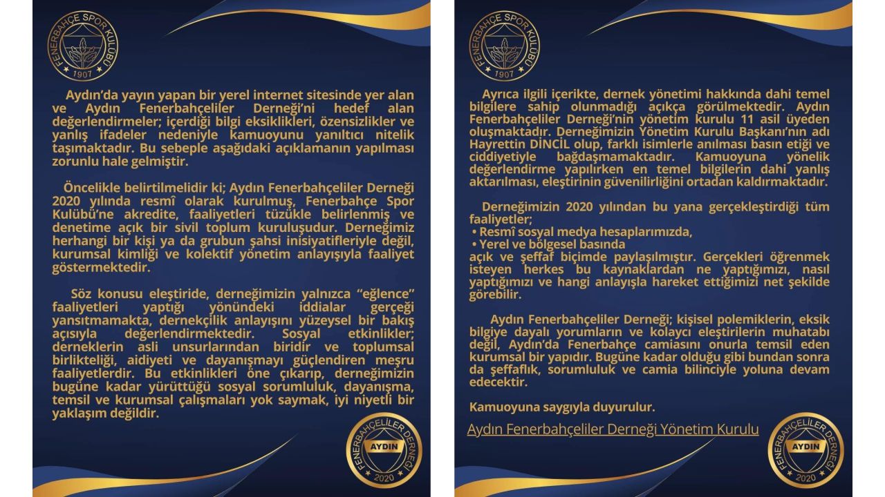 Aydın Fenerbahçeliler Derneği'nden Kamuoyuna Duyuru1